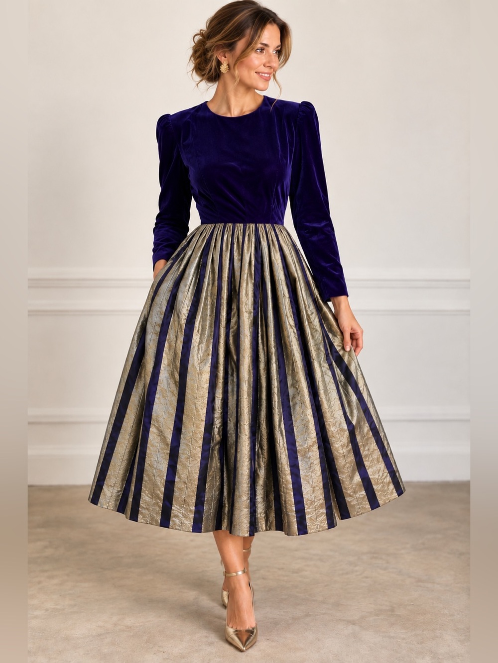 Vintage Talbots Steven Stolman Glam Velvet Metallic Stripe Party Dress Sz 6